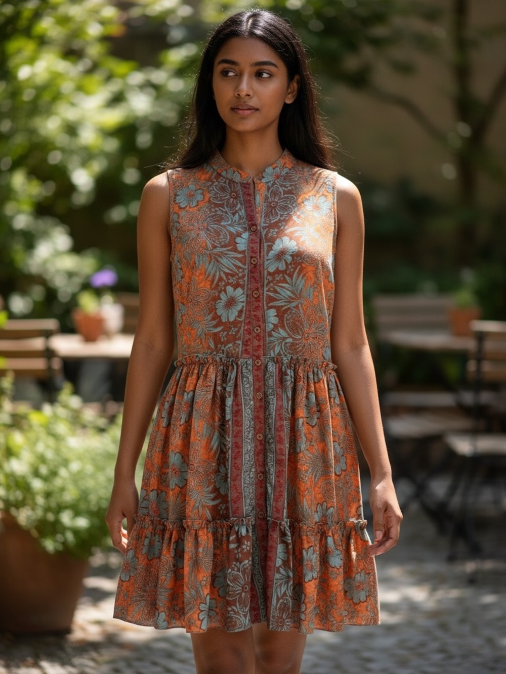 ZHU ZHICAI Lightweight orange and teal silk blend sleeveless dress